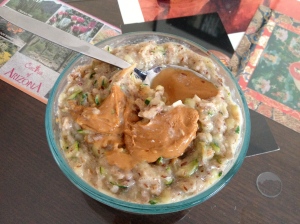 zucchini bread oatmeal topped with-yep-peanut butter