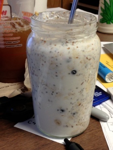 overnight oats (Greek yogurt, oats, chia seeds, ground flax, cinnamon, and blueberries)